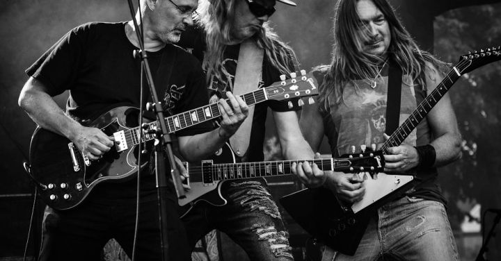 Rock Concerts - Group of Men Playing Guitar in Concert in Grayscale Photo